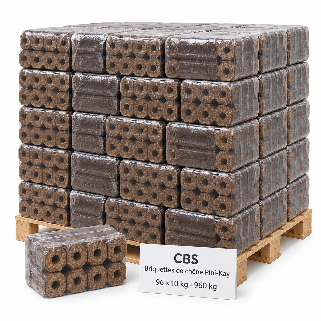 Illustration : Briquettes de chêne Pini-Kay – palette complète 960 kg (96 × 10 kg)